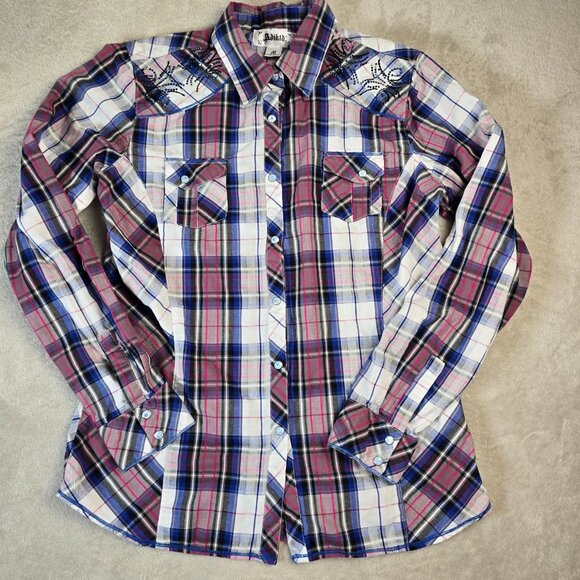 Adiktd Western Top Womens Medium Pink Blue Plaid Embellished Rhinestone Yoke - Picture 1 of 16